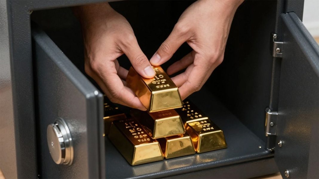 Tangan sedang memasukkan emas batangan ke dalam brankas besi digital yang kokoh dan aman.